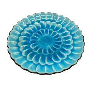 Blue Ceramic Pedestal Plate Scalloped Design Crackle & Brown Base Serving READ